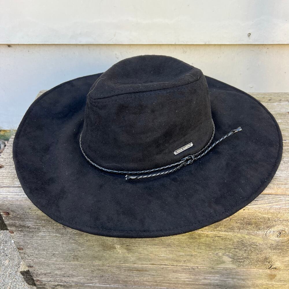 Vince Camuto Black Cowgirl Hat Braided Cord Band Faux Suede Leather O/S NWT
